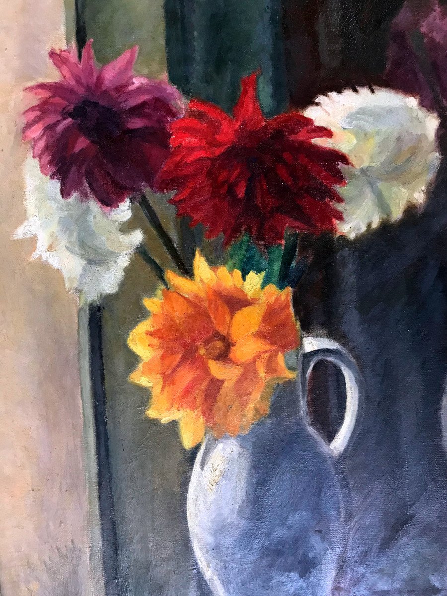 Painting, Bouquet Of Dahlias, Hst, Signed Circa 1950-photo-3