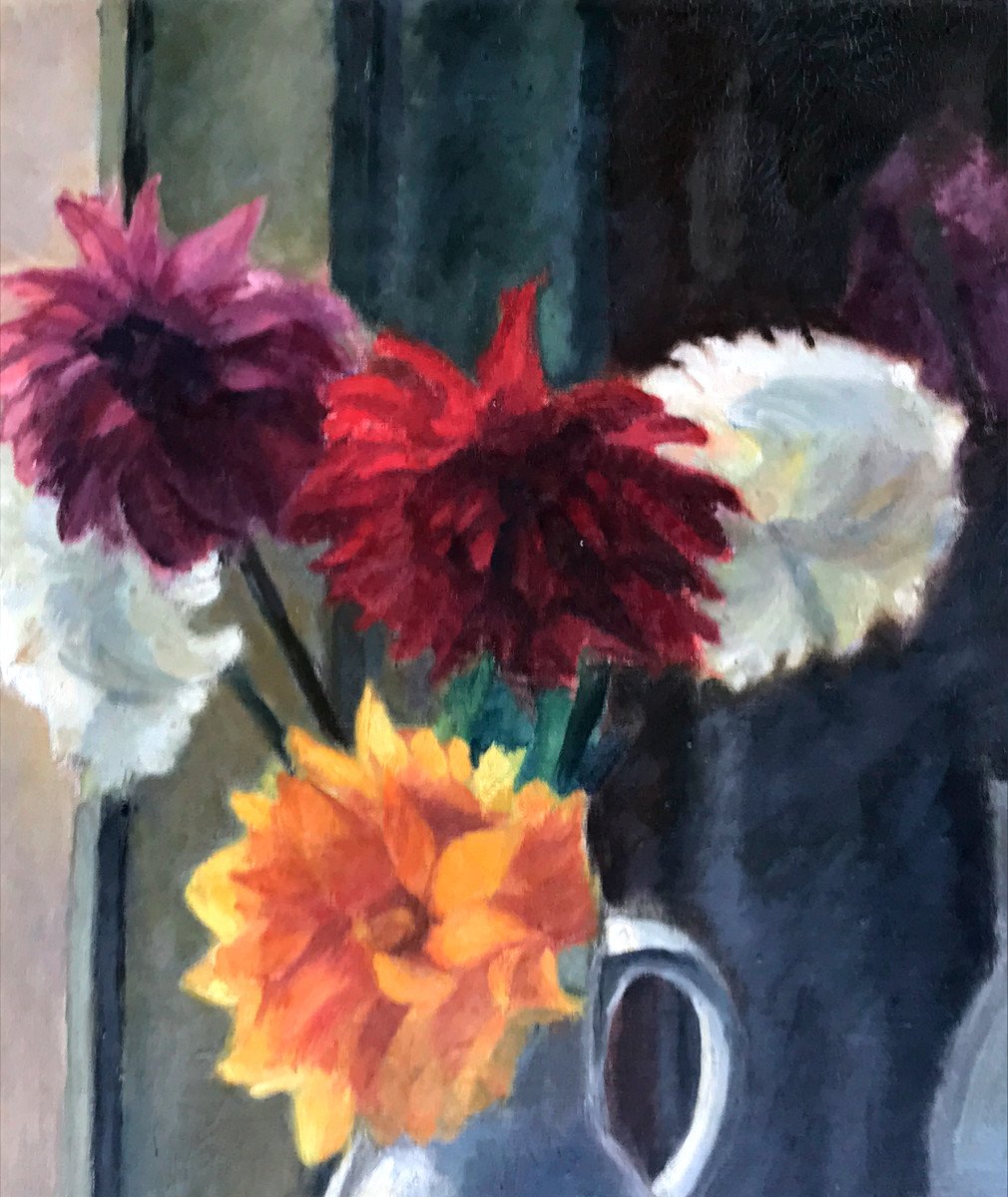 Painting, Bouquet Of Dahlias, Hst, Signed Circa 1950-photo-4