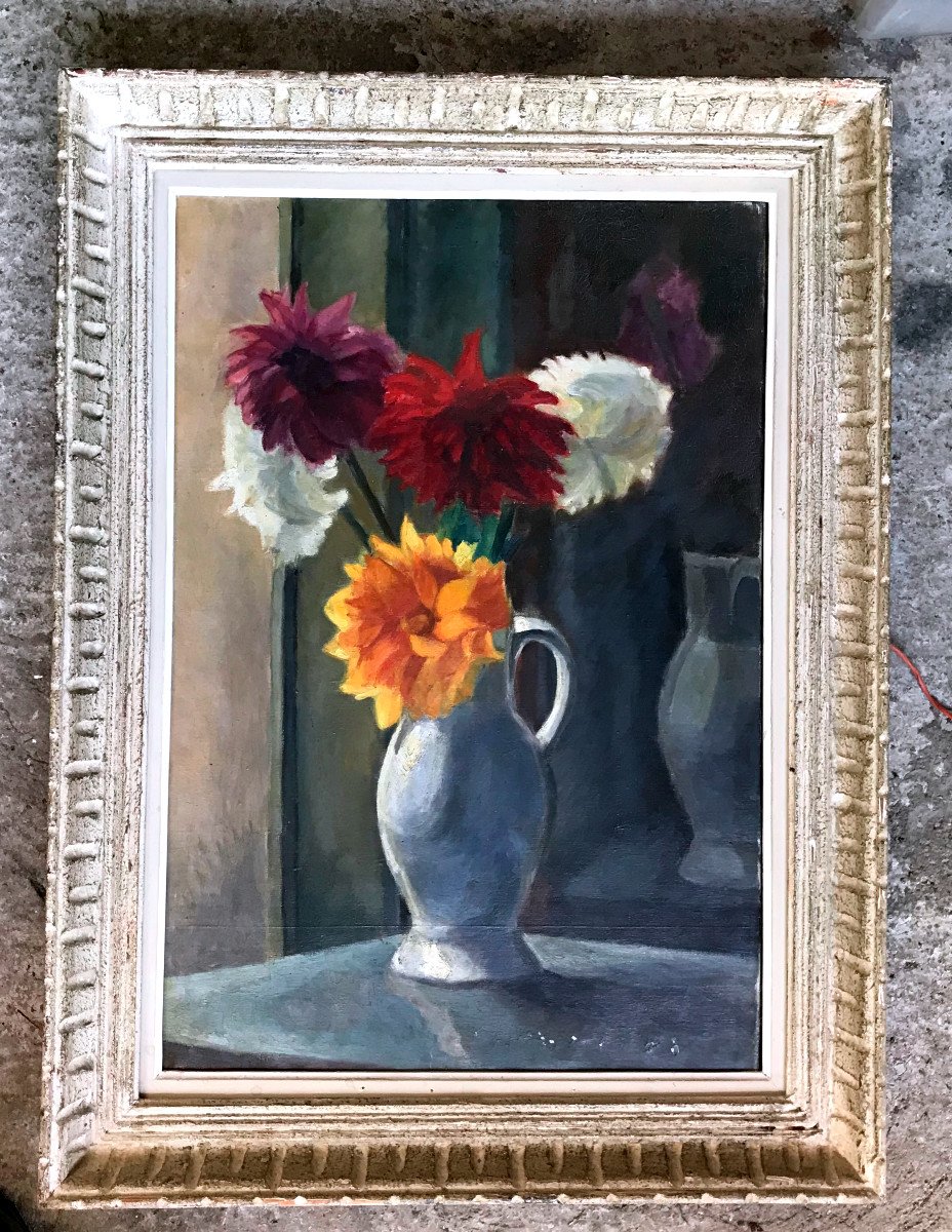 Painting, Bouquet Of Dahlias, Hst, Signed Circa 1950