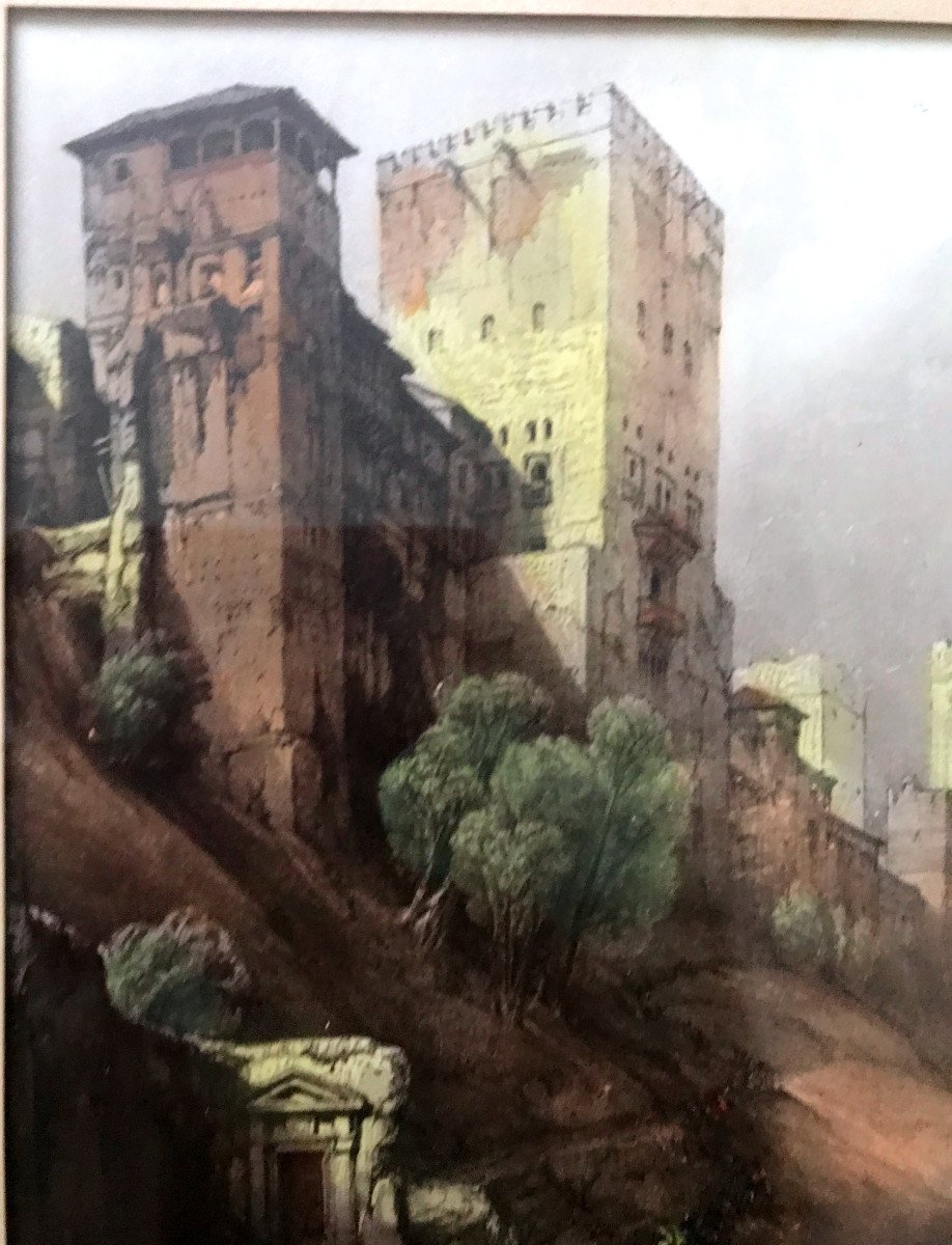 Tableau, Vue Sur Un Château En Italie, Début XIX ème, Aquarelle-photo-2