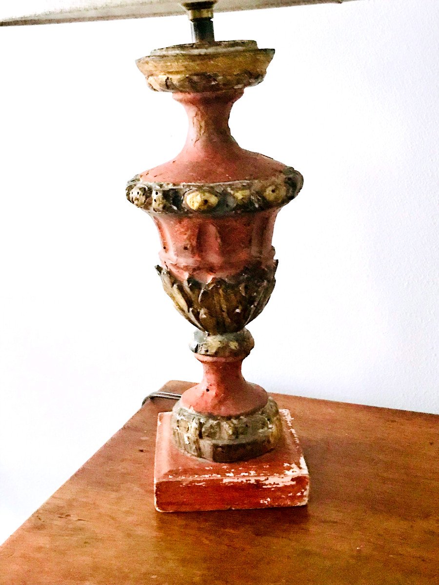 Antique Lamp Base In Polychrome Wood, Red And Gold-photo-2