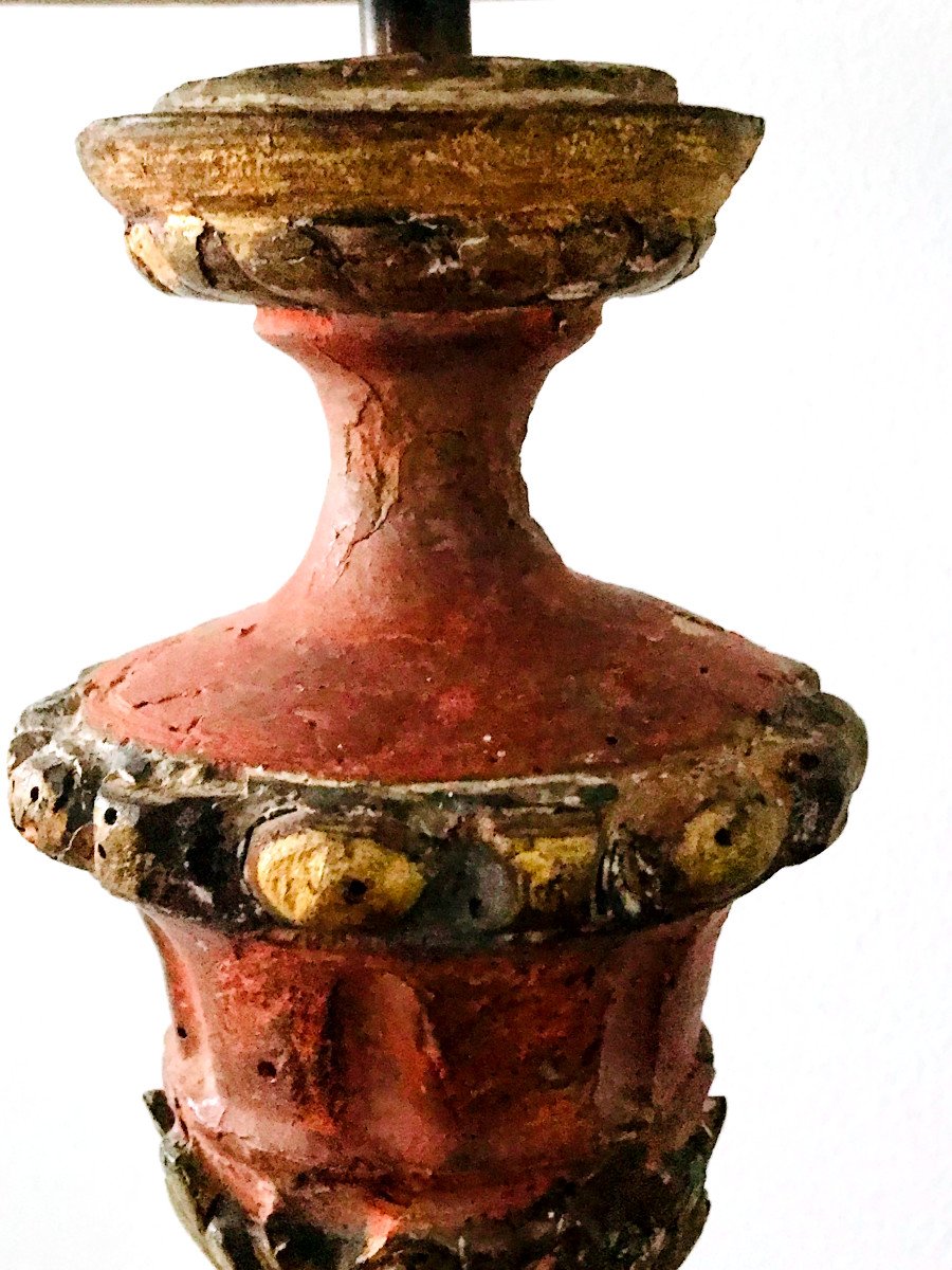 Antique Lamp Base In Polychrome Wood, Red And Gold-photo-3