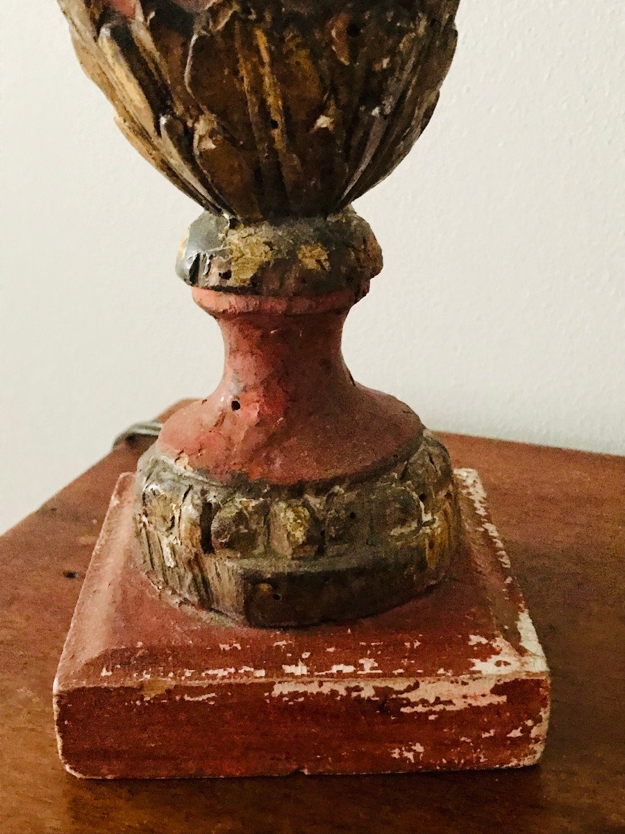 Antique Lamp Base In Polychrome Wood, Red And Gold-photo-4