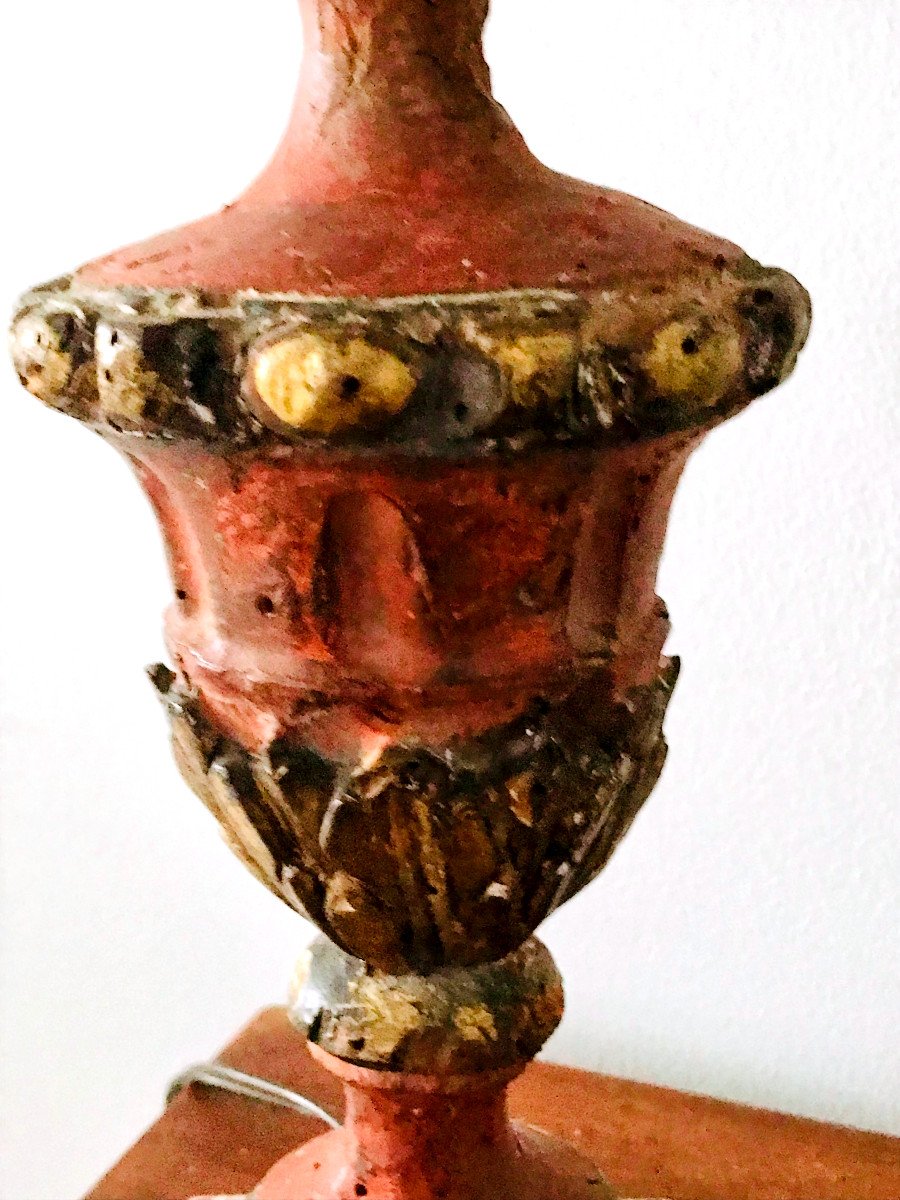 Antique Lamp Base In Polychrome Wood, Red And Gold-photo-1