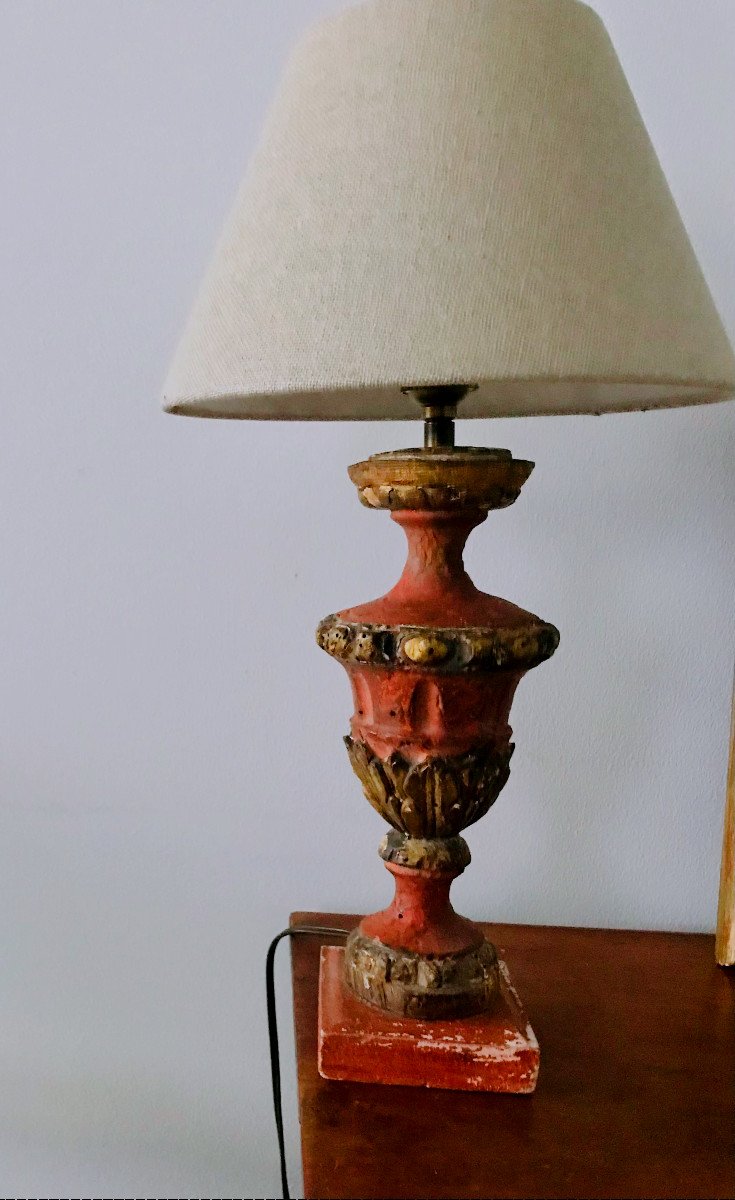 Antique Lamp Base In Polychrome Wood, Red And Gold