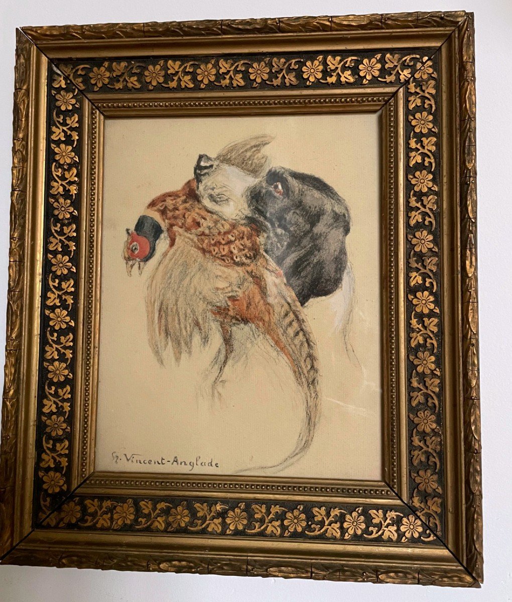 Tableau, Chien De Chasse Et Son Gibier, Crayon Signé De Henri Vincent Anglade-photo-2