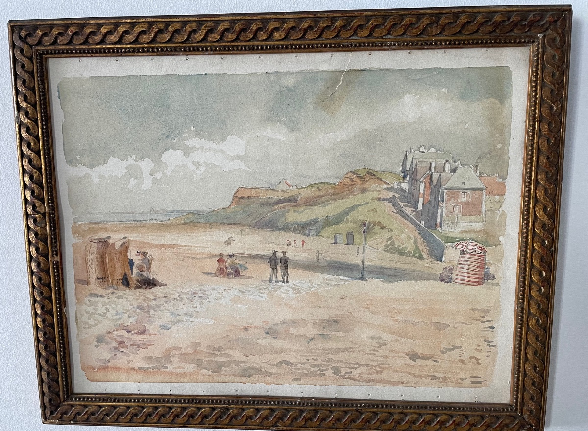 Tableau, Les Cabines De Bain Sur La Côte Normande,aquarelle Fin XIX 