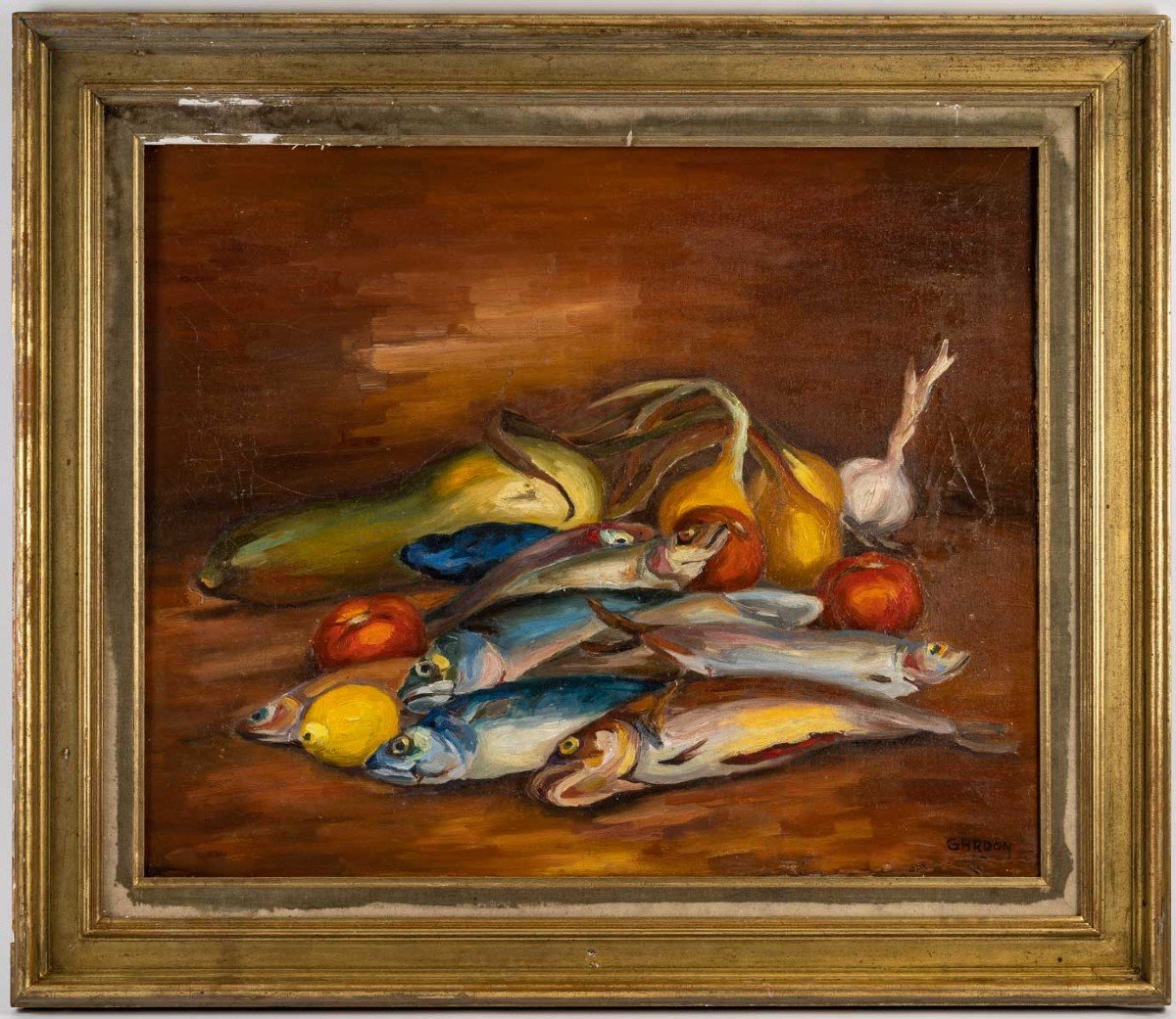 Tableau, Nature Morte Aux Poissons et légumes, Signée De Marius Gardon, XX ème