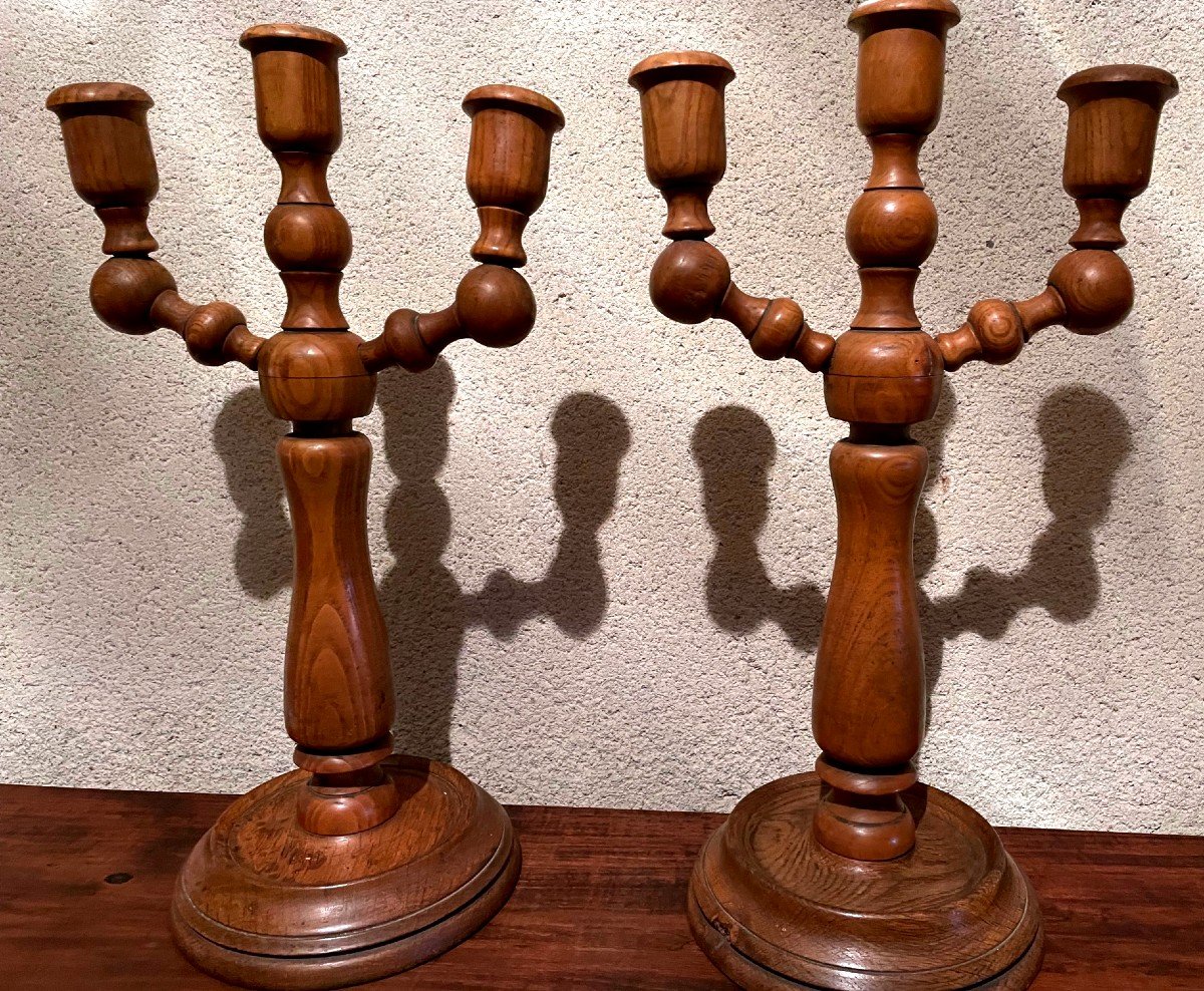 Pair Of Scandinavian Design Wooden Candlesticks, Circa 1950-photo-2