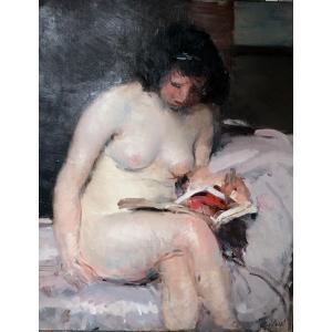 Painting, Young Naked Woman Reading, By Louis François Biloul, XX Th