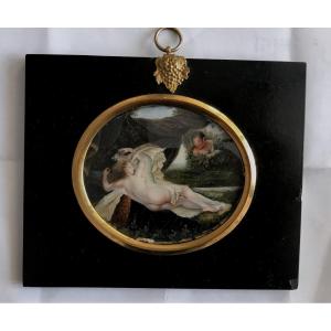Miniature, Young Naked Woman With Drape, Dated 1824, Black Frame, Early XIXth Time