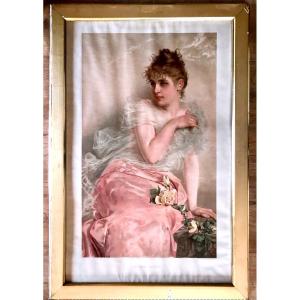Tableau, Jeune Femme Aux Roses, Lithographies, Cadre Doré Vers 1900