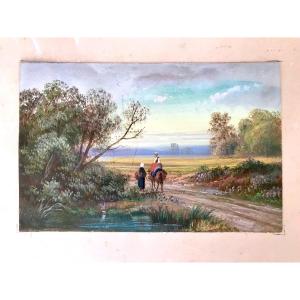 Painting, The Meeting At The Edge Of The Pond, Gouache, 19th Century