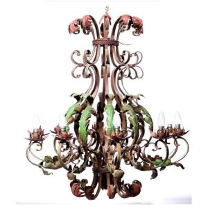 Large Wrought Iron Chandelier With Polychrome Patina, Early 20th Century