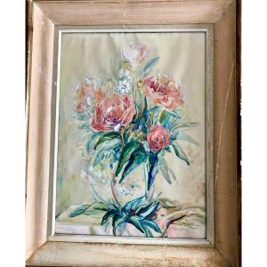 Painting, Bouquet Of Peonies, Watercolor Signed And Dated 1950