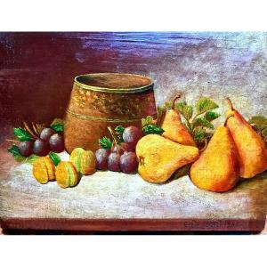 Painting, Still Life With Pears And Apricots, Hsp, Signed Dug. Bono And Dated 1947