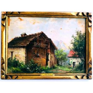 Painting, View Of A Chalet In Combloux, Signed By Marie Sourice And Dated August 15, 1931
