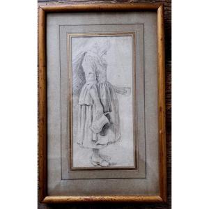 Painting, The Peasant Woman, Pencil Drawing Attributed To T. Shuler, 19th Century