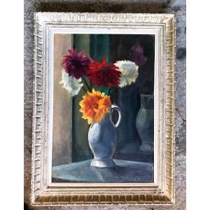 Tableau, Bouquet De Dahlias,hst , Signé Vers 1950