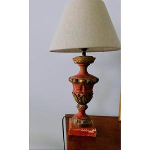 Antique Lamp Base In Polychrome Wood, Red And Gold