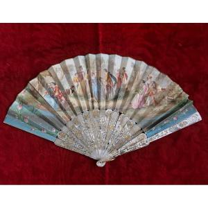 Carved Mother-of-pearl Fan, Country Scene Animated By Characters, 19th Century Period