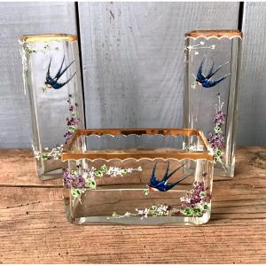 Crystal Vases With Enameled Motifs Circa 1900