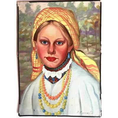 Tableau, Portrait d'Une Jeune Femme Russe De La Campagne, Début XX ème