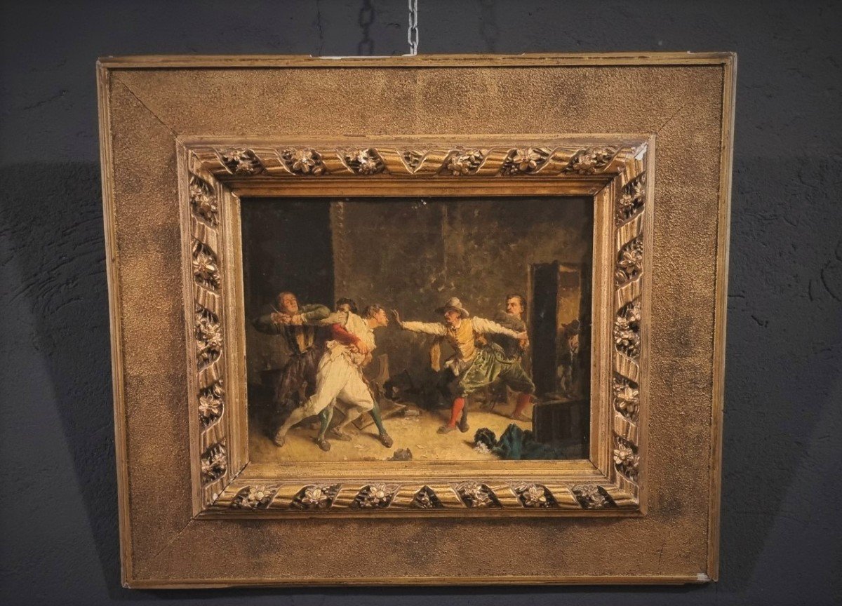 Huile Sur Toile Du XIXe Siècle: "la Bagarre Entre Joueurs De Cartes"