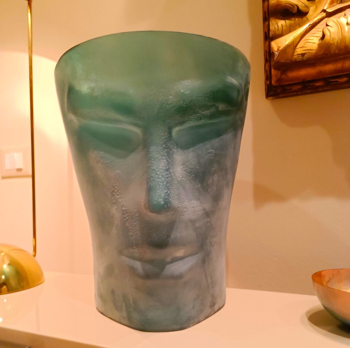 Raffiné Vase Vénitien En Verre Satiné Style Art Deco' Avec Visage d'Homme émeraude-photo-3