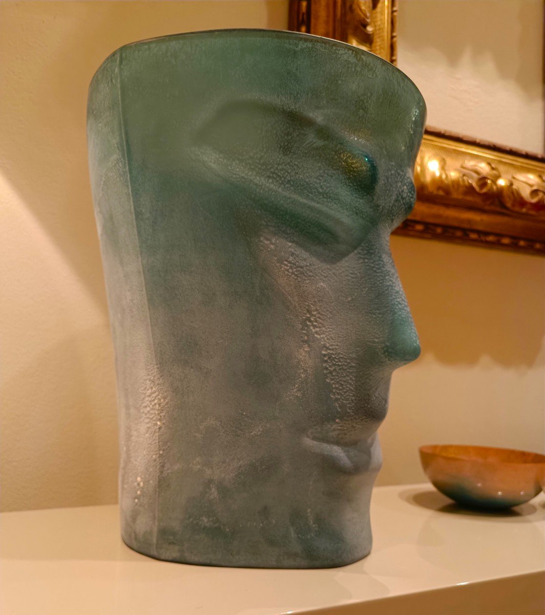Raffiné Vase Vénitien En Verre Satiné Style Art Deco' Avec Visage d'Homme émeraude