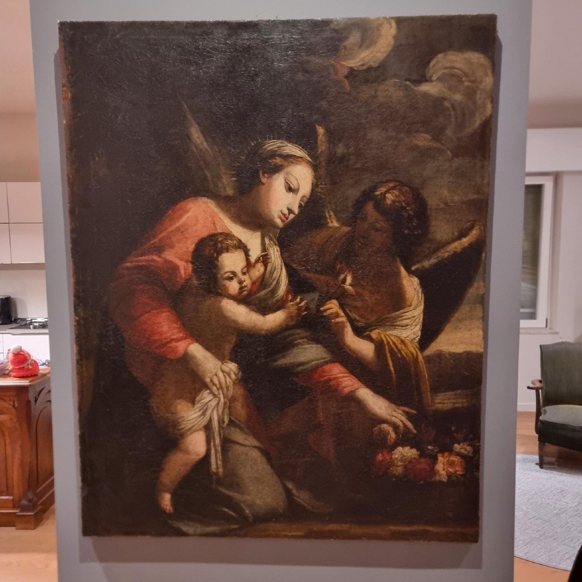 Oil On Canvas Of The Madonna With Child And Archangel From The 17th Century – Bolognese School-photo-5