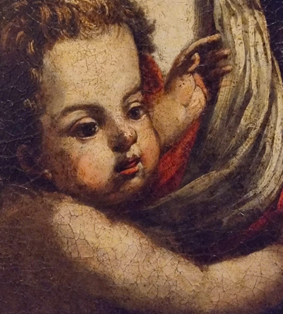 Oil On Canvas Of The Madonna With Child And Archangel From The 17th Century – Bolognese School-photo-6