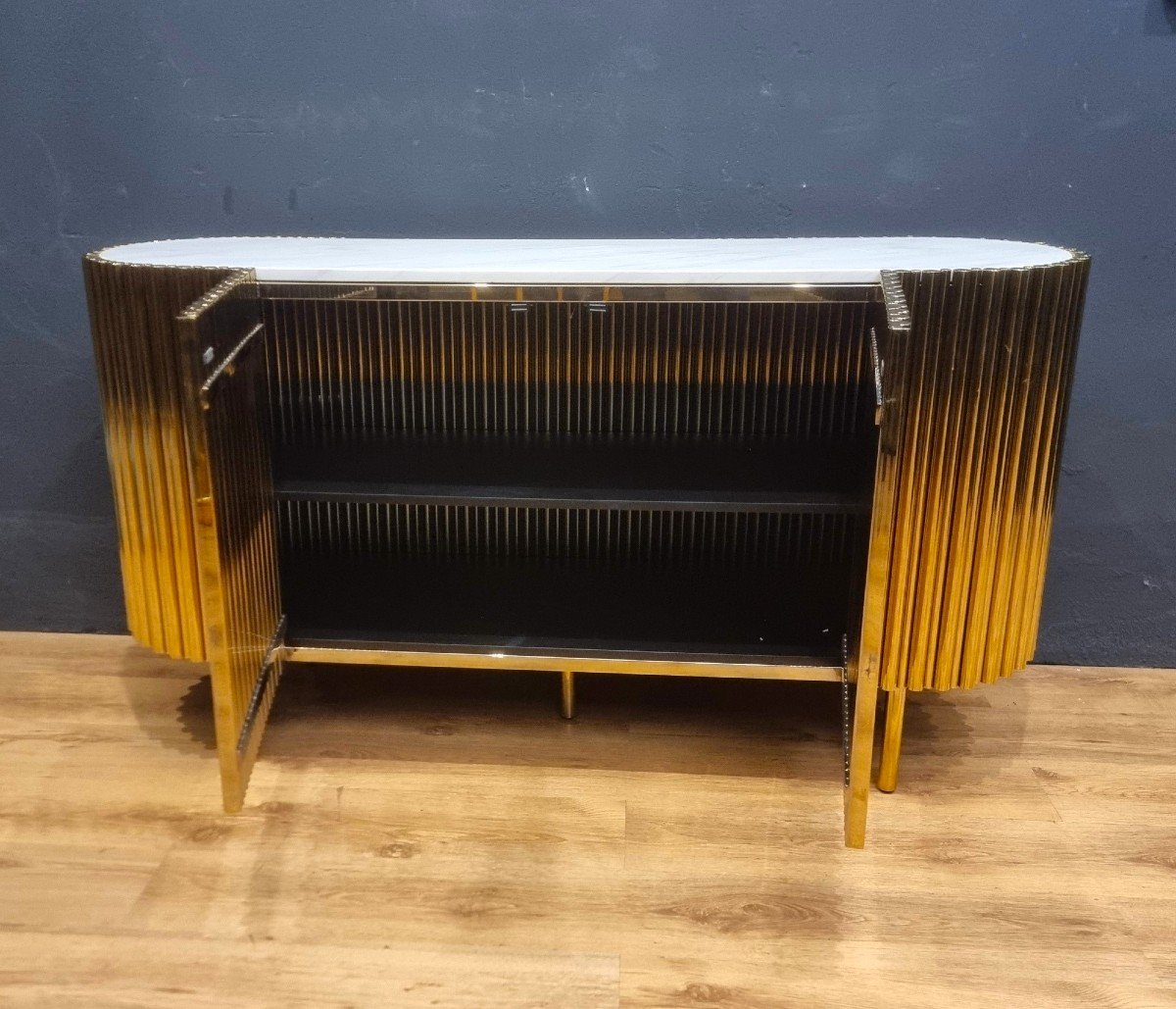 Vintage Gold Steel Sideboard With Marble Top-photo-2