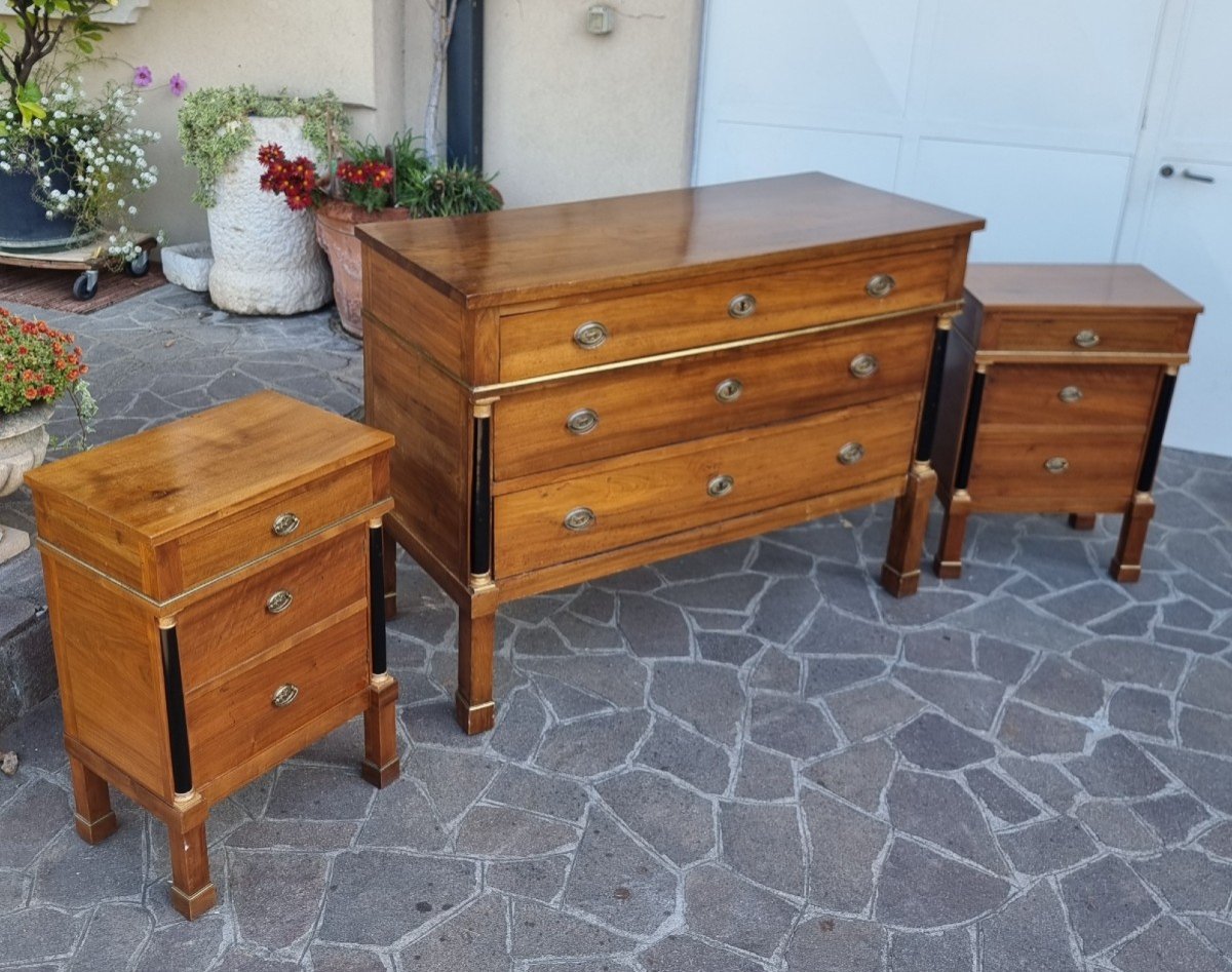 Empire 1830 Commode Triptyque Et Tables De Chevet Noyer-photo-2