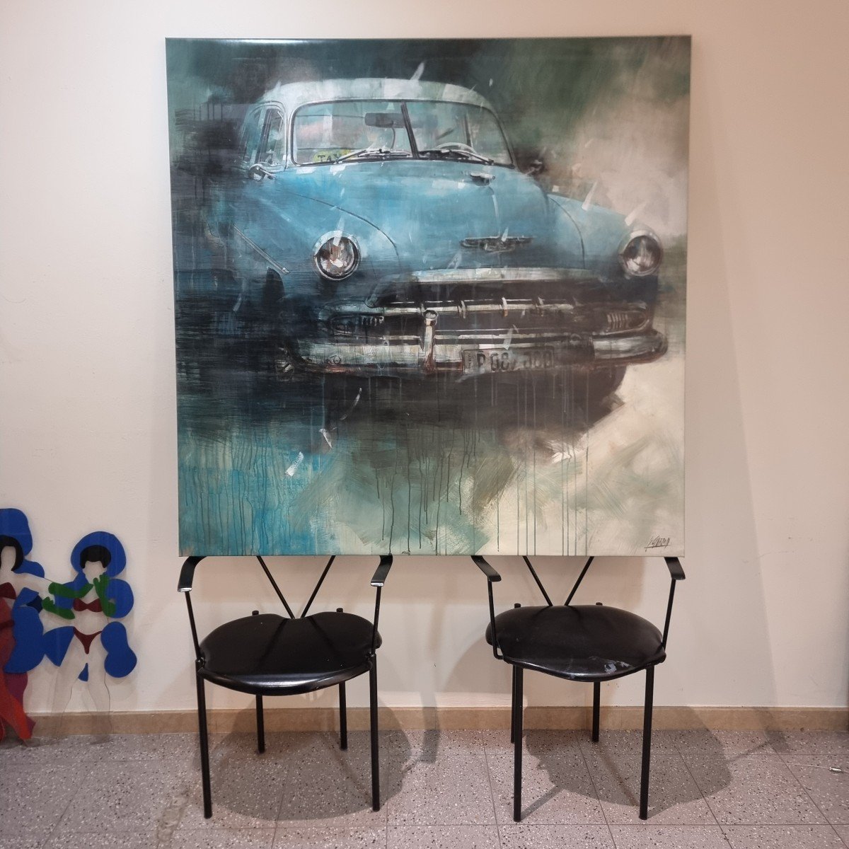 Technique Mixte Sur Toile Avec Voiture Américaine D’époque-photo-2