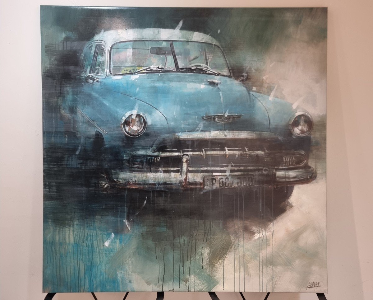 Technique Mixte Sur Toile Avec Voiture Américaine D’époque-photo-3