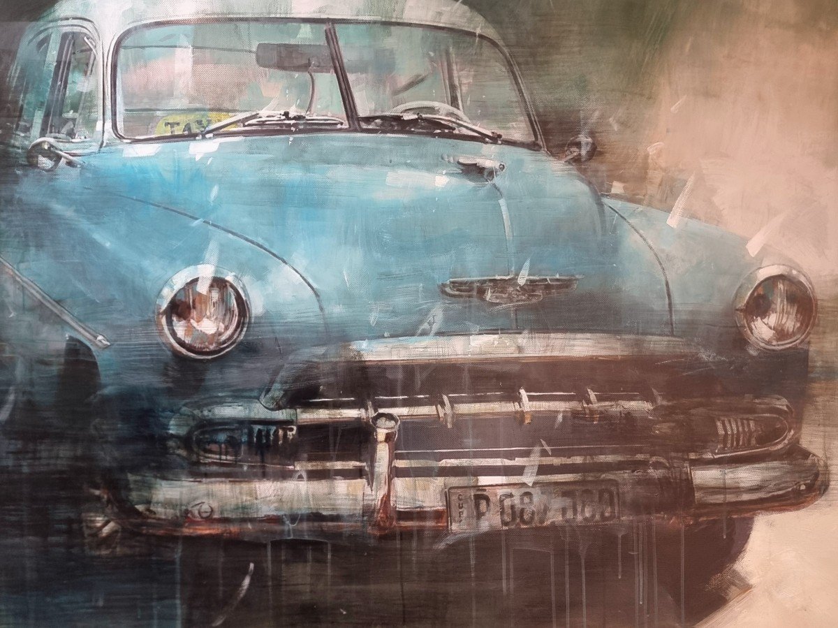 Technique Mixte Sur Toile Avec Voiture Américaine D’époque-photo-4