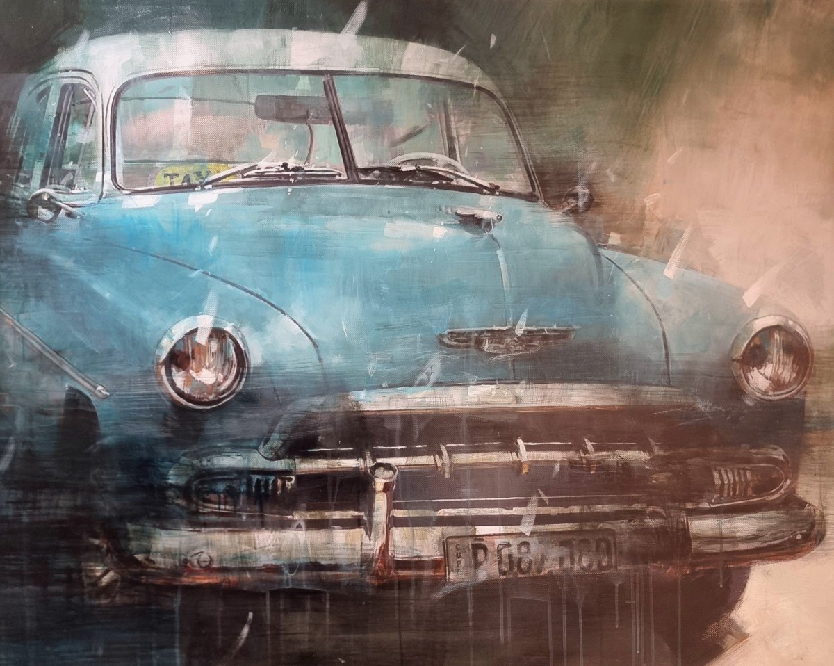 Technique Mixte Sur Toile Avec Voiture Américaine D’époque-photo-1