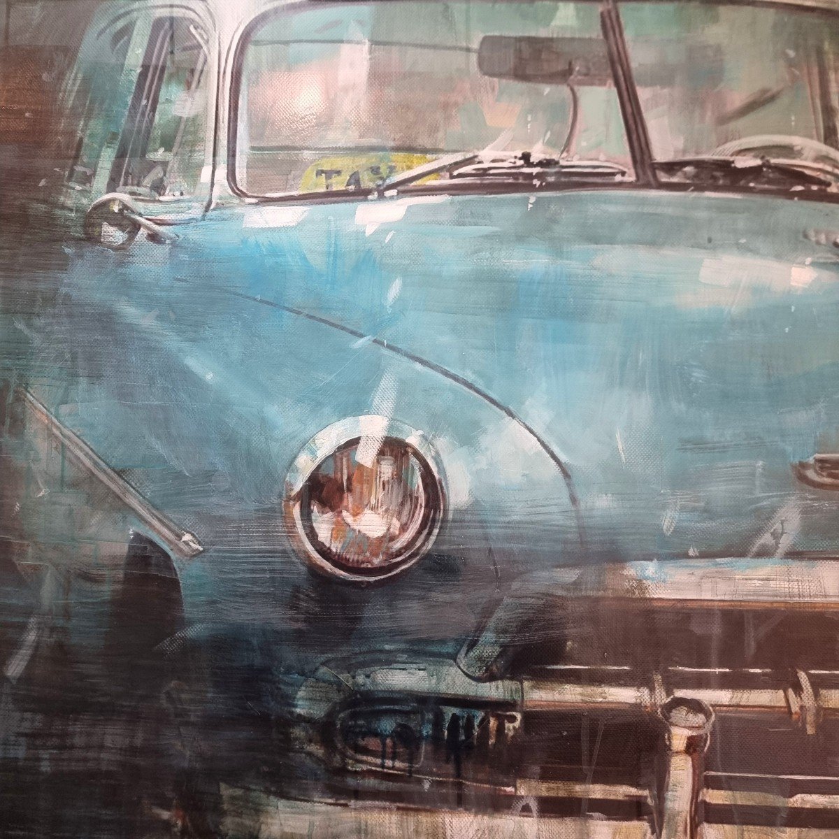 Technique Mixte Sur Toile Avec Voiture Américaine D’époque-photo-3