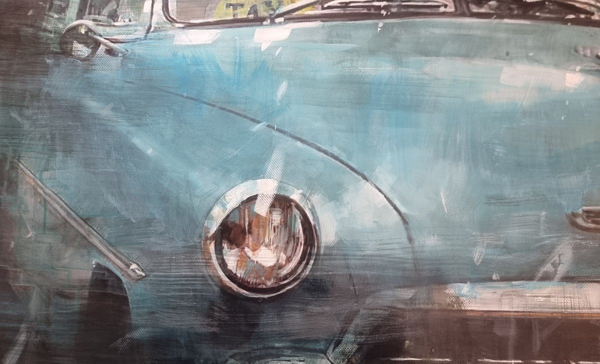 Technique Mixte Sur Toile Avec Voiture Américaine D’époque-photo-4