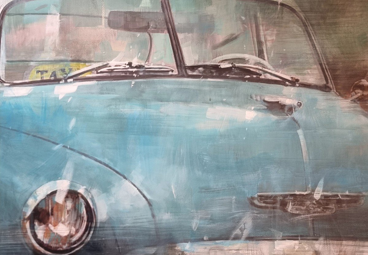 Technique Mixte Sur Toile Avec Voiture Américaine D’époque-photo-5