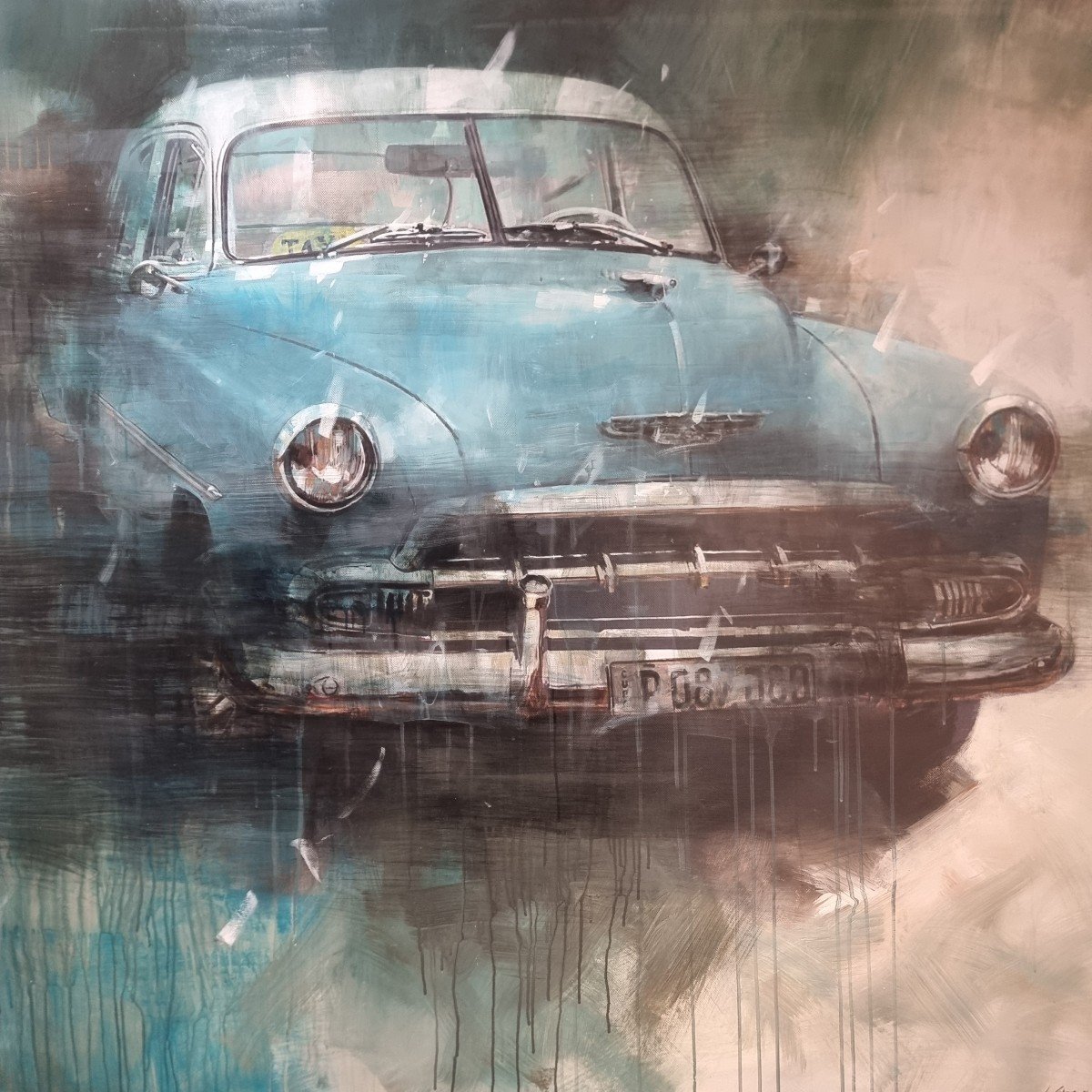 Technique Mixte Sur Toile Avec Voiture Américaine D’époque-photo-6