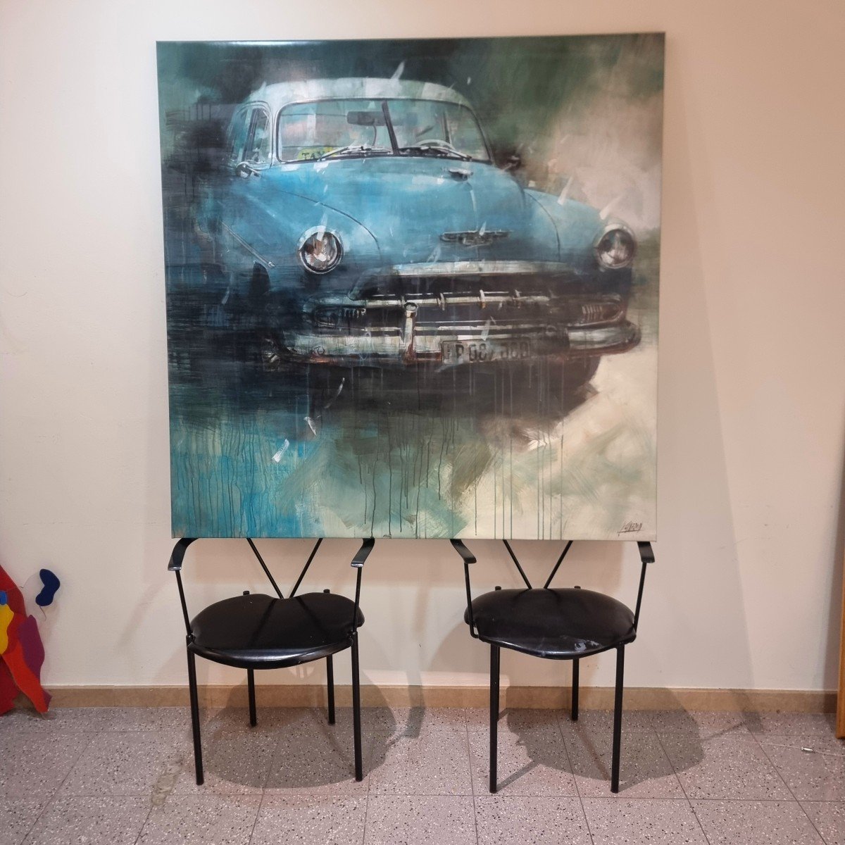 Technique Mixte Sur Toile Avec Voiture Américaine D’époque-photo-7