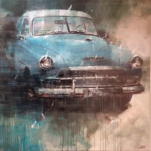 Mixed Media On Canvas With Vintage American Car