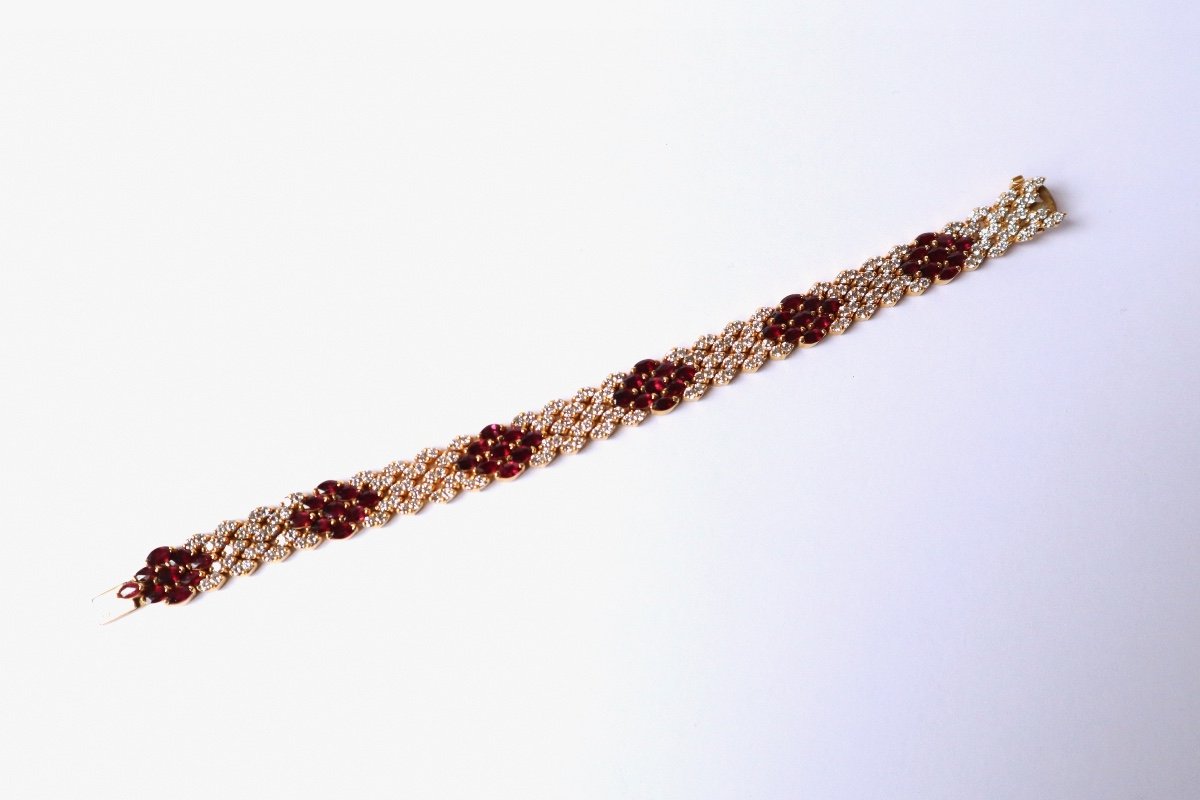 Bracelet Souple En Or Jaune 18 Carats Pavage Rubis Et Diamants Alternés-photo-3