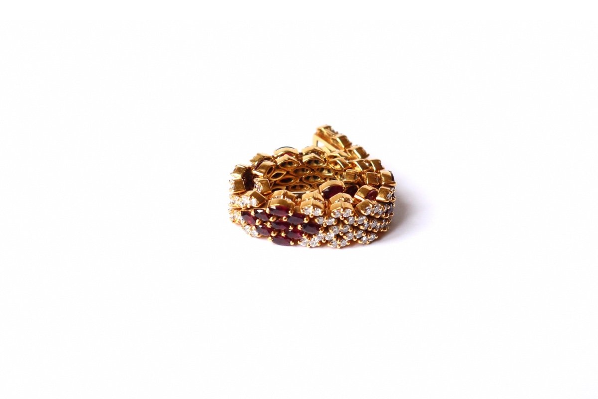 Bracelet Souple En Or Jaune 18 Carats Pavage Rubis Et Diamants Alternés-photo-2