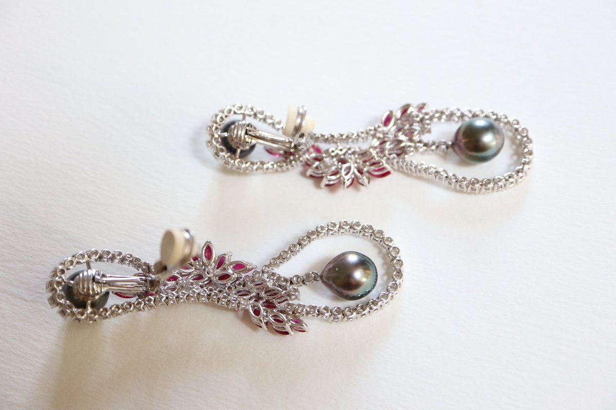 Mouawad Boucles d'Oreilles Pendantes Or Blanc Diamants Rubis-photo-4