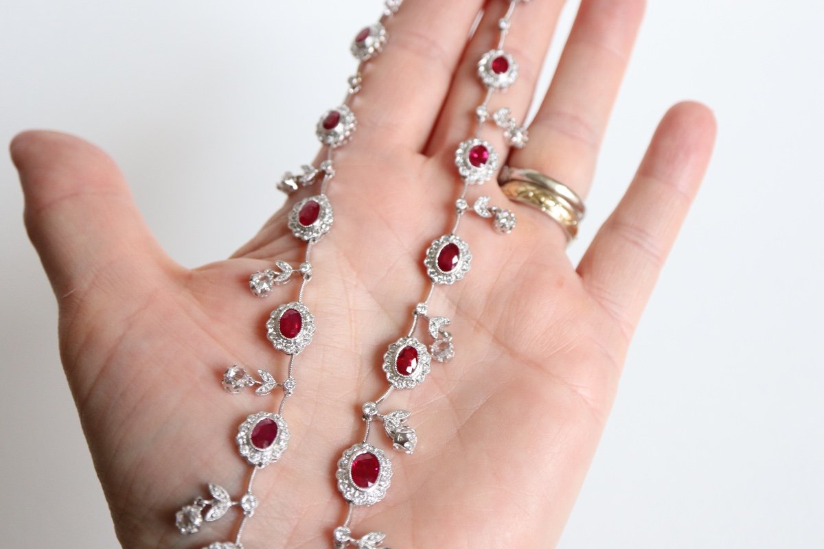 Louis XVI Style Collerette Necklace In 18-karat White Gold, Ruby And Diamonds-photo-3