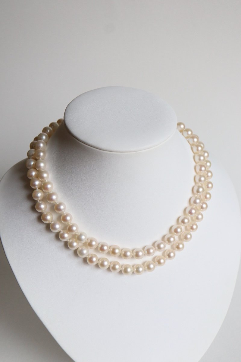 Two Row Pearl Necklace With Diamond Clasp In 18k Gold-photo-2