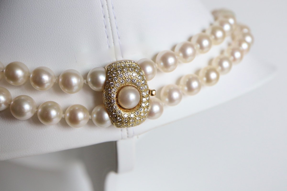 Two Row Pearl Necklace With Diamond Clasp In 18k Gold-photo-3